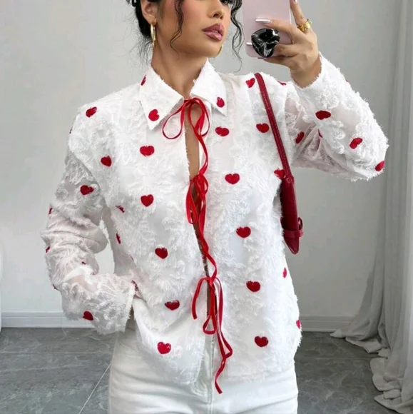 Valentine's Day Heart Cutout Tie Front Women Blouse, Red - Picture 1 of 4